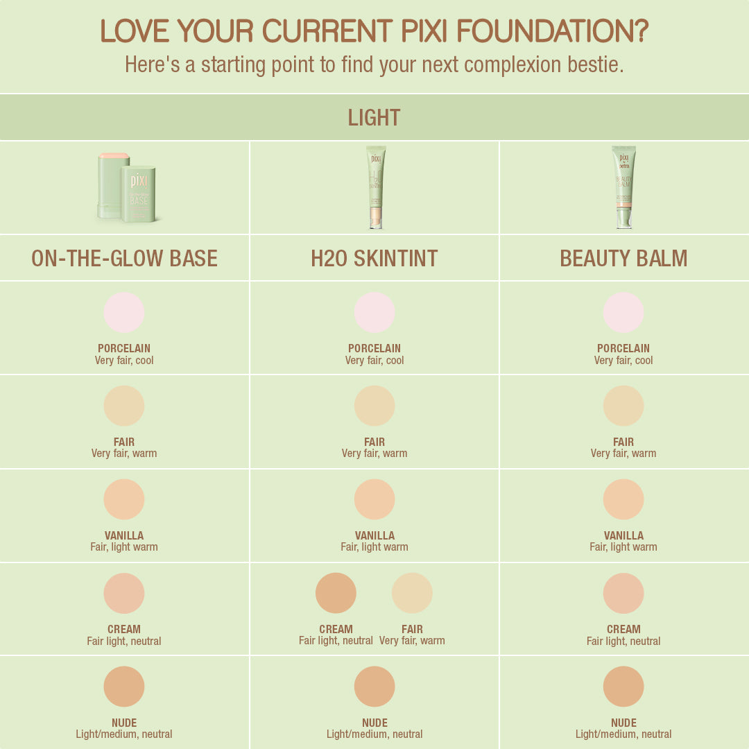 On the Glow Base light shades. Love your Current Pixi Foundation - Here's a starting point to find your next complexion bestie. 
On the Glow Base Light shades include Porcelain, very fair, cool, Fair, very fair, warm, Vanilla fair, light warm, Cream Fair light, neutral and Nude Light or medium, neutral.
Light shades for H20 SkinTint and Beauty Balm follow the same descriptions.