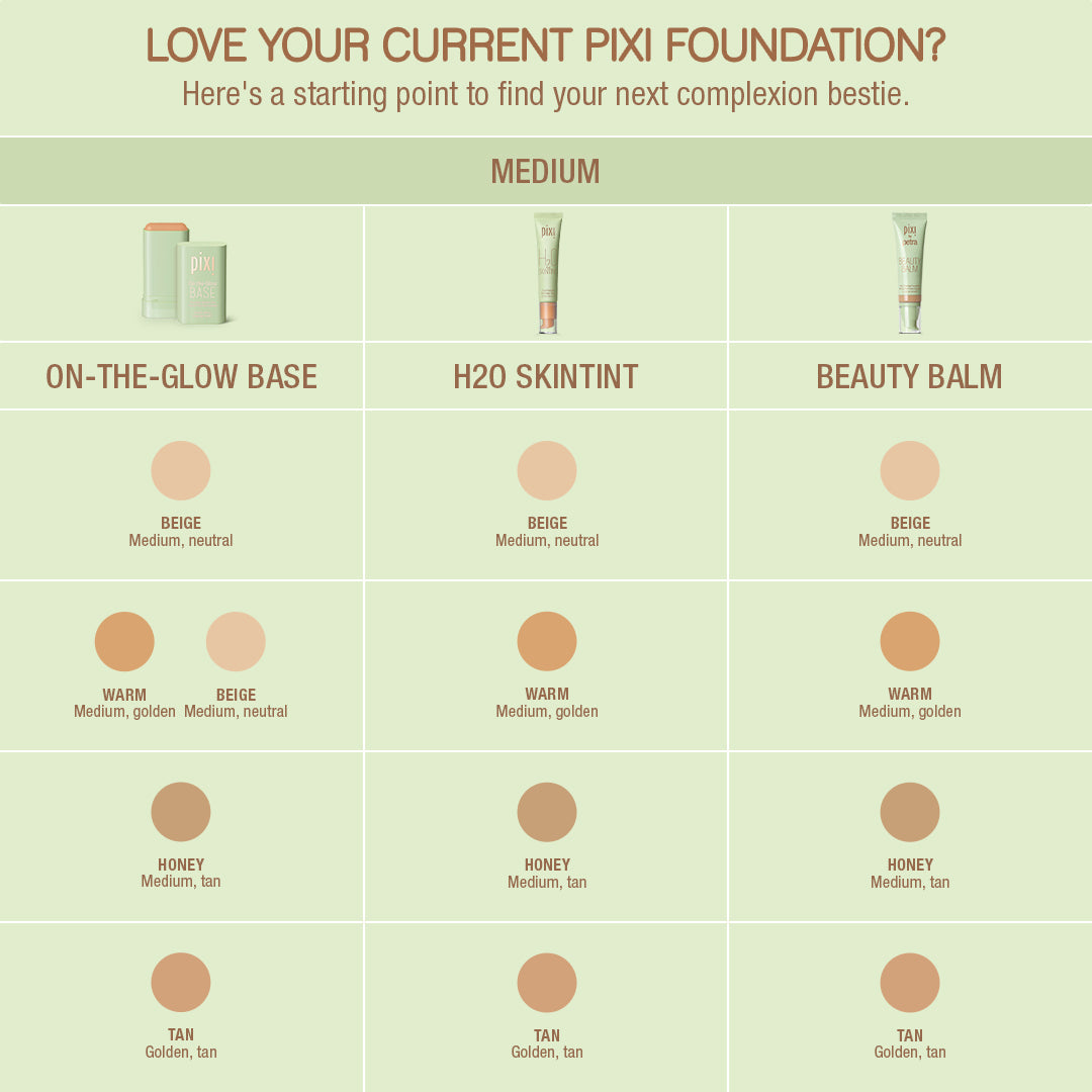On the Glow Base Medium Shades. Love your Current Pixi Foundation - Here's a starting point to find your next complexion bestie. 
On the Glow Base Medium shades include Beige a medium, neutral, Warm medium, golden, Honey medium, tan and Tan, Golden tan.
Medium shades for H20 SkinTint and Beauty Balm follow the same descriptions here.