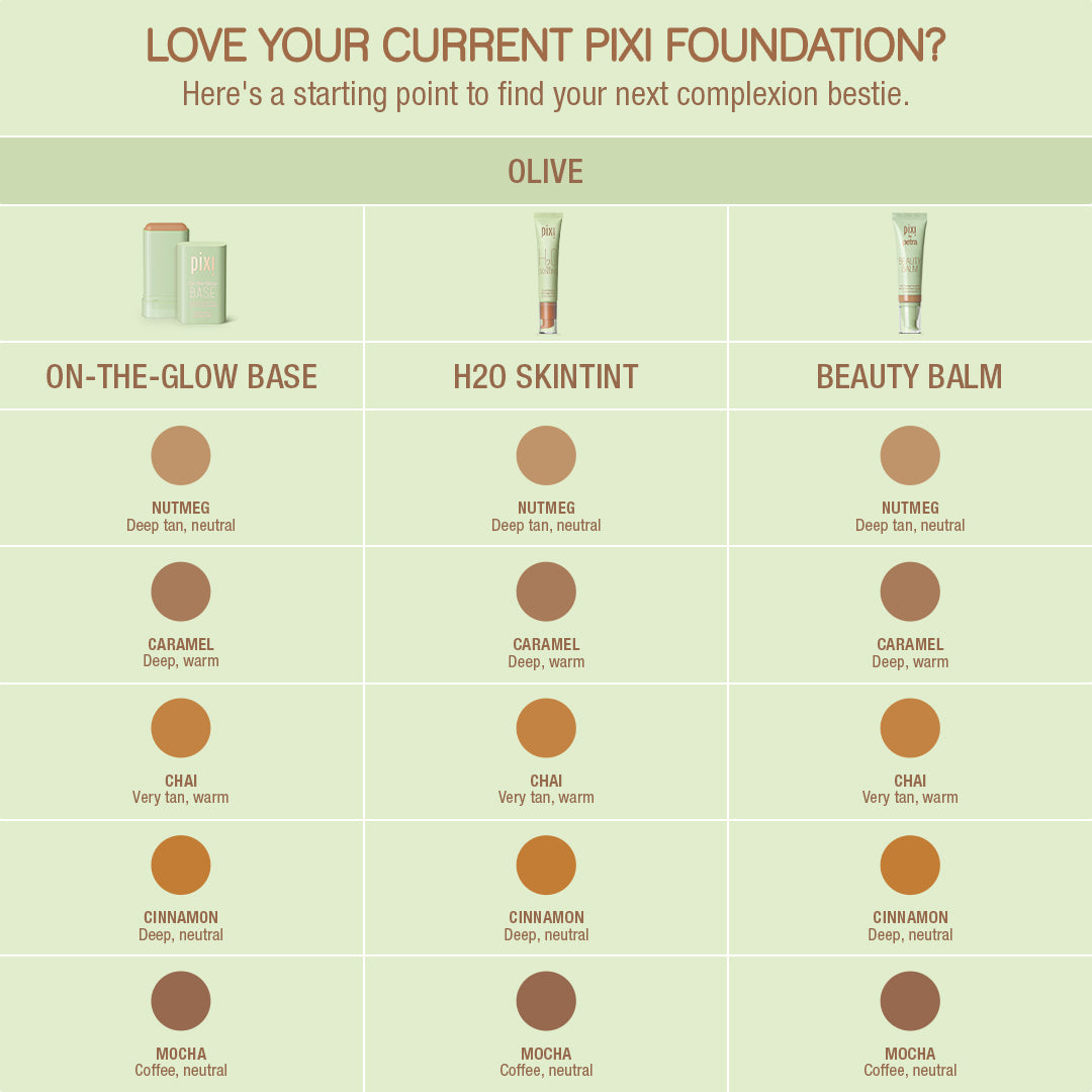 On the Glow Base Olive shade family.  Love your Current Pixi Foundation - Here's a starting point to find your next complexion bestie. 
On the Glow Base Olive shades include Nutmeg a deep tan, neutral, Caramel deep, warm, Chai very tan, warm, Cinnamon deep, neutral and Mocha coffee, neutral.
Olive shades for H20 SkinTint and Beauty Balm follow the same descriptions here.