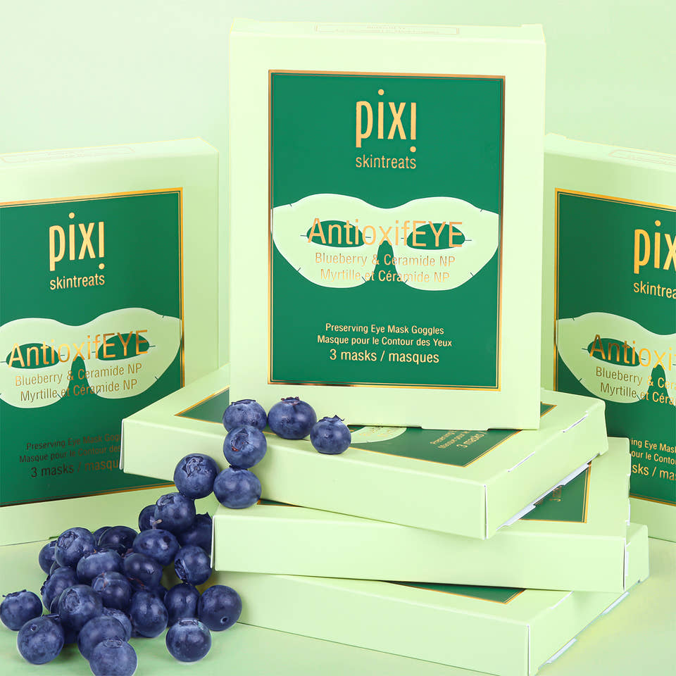  PIXI skincare AntioxifEYE eye mask goggles packaging with blueberries on a light green background view 2