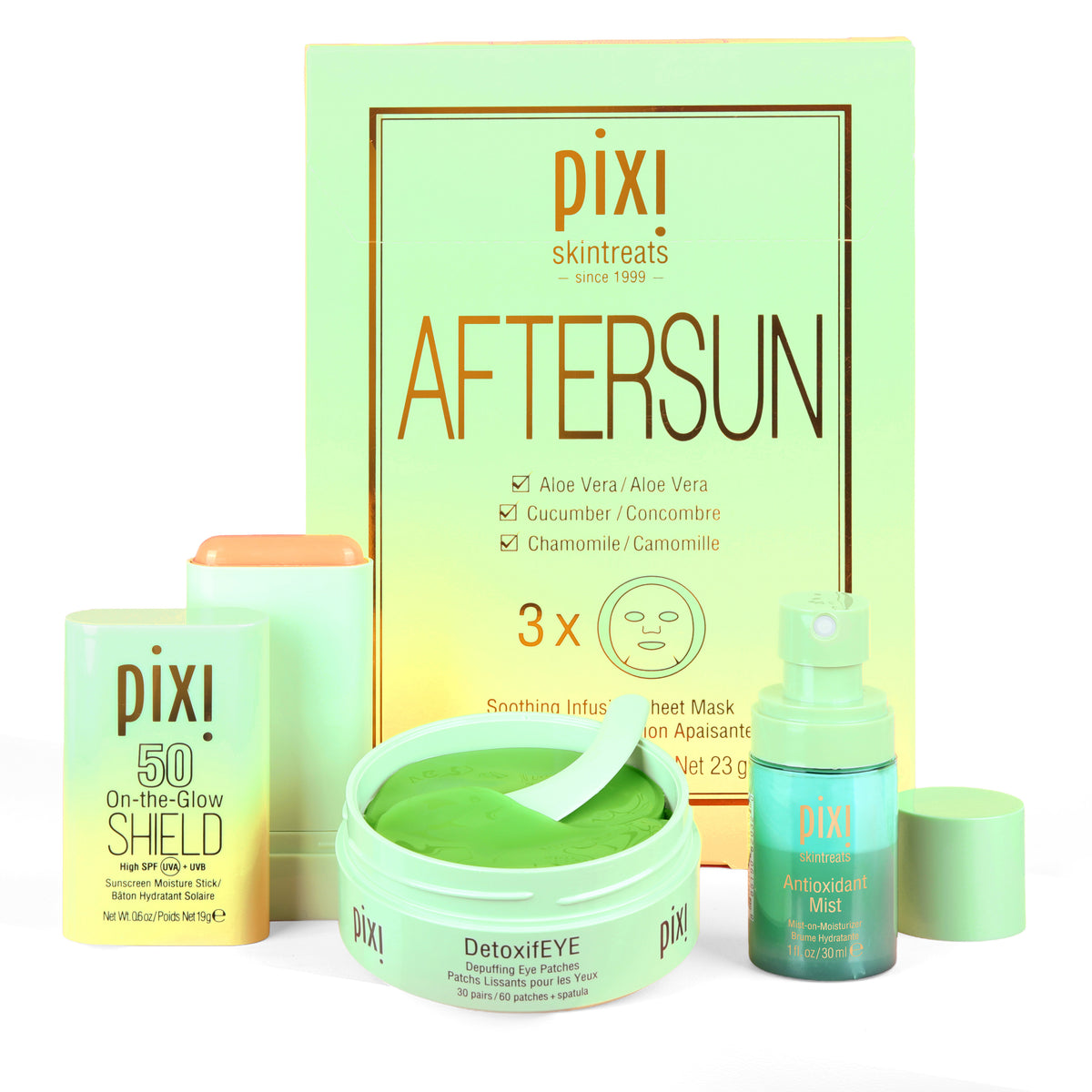 Pixi skincare suncare products including 'Aftersun' on a white background