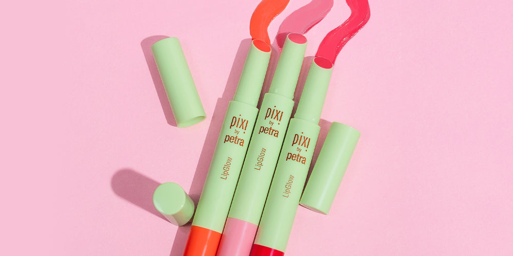 LipGlow shades shown on a pink background