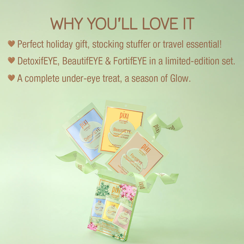 Why You'll Love it. Perfect Holiday Gift, stocking stuffer or travel essential! DetoxifEYE, BeautifEye & FortifEYE in a limited-edition set. A complete under-eye treat, a season of Glow!