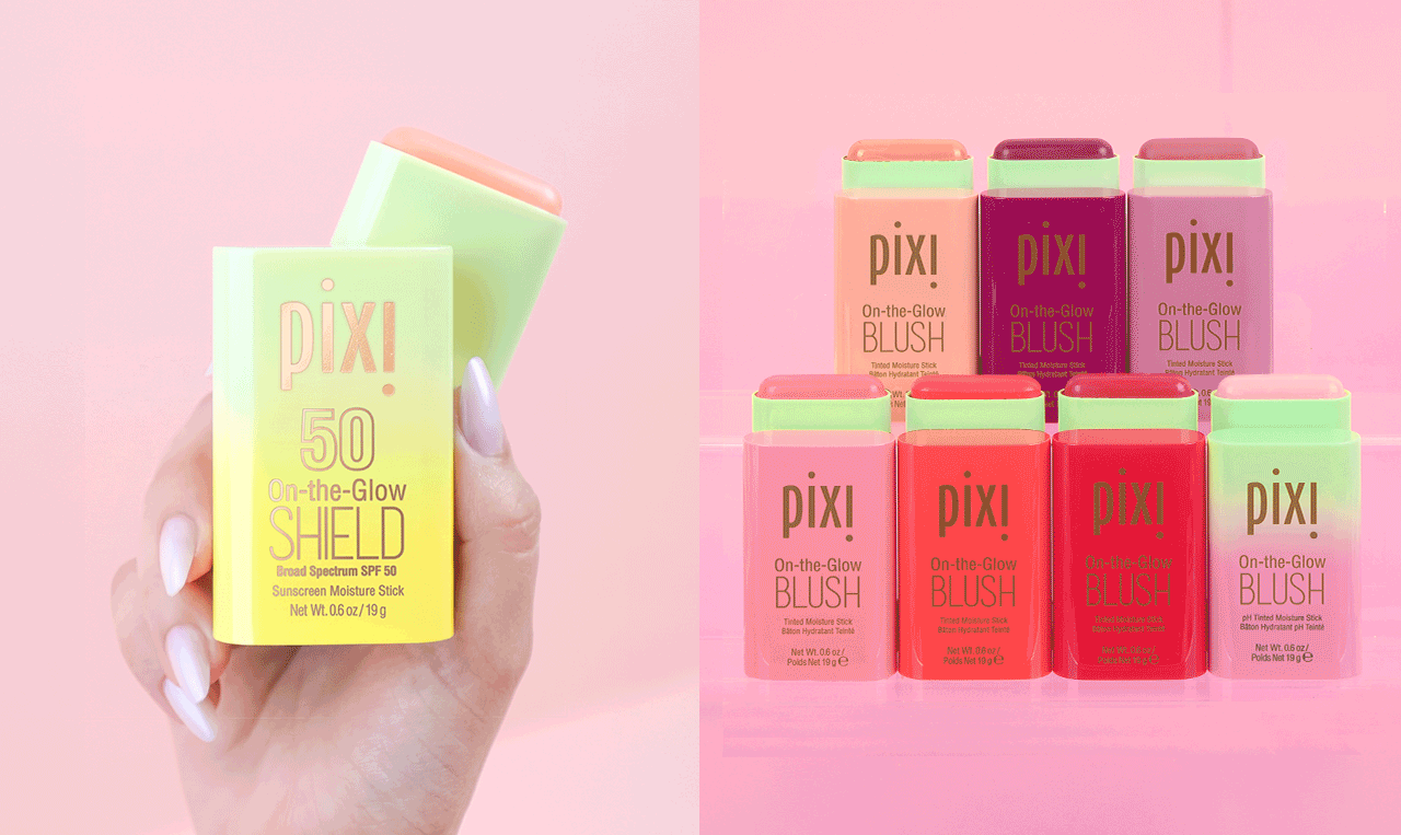 On-the Glow SHIELD SPF 50 held in hand next to collection of On-the-Glow products featuring Base, Blush, Bronze and SuperGlow - view 1