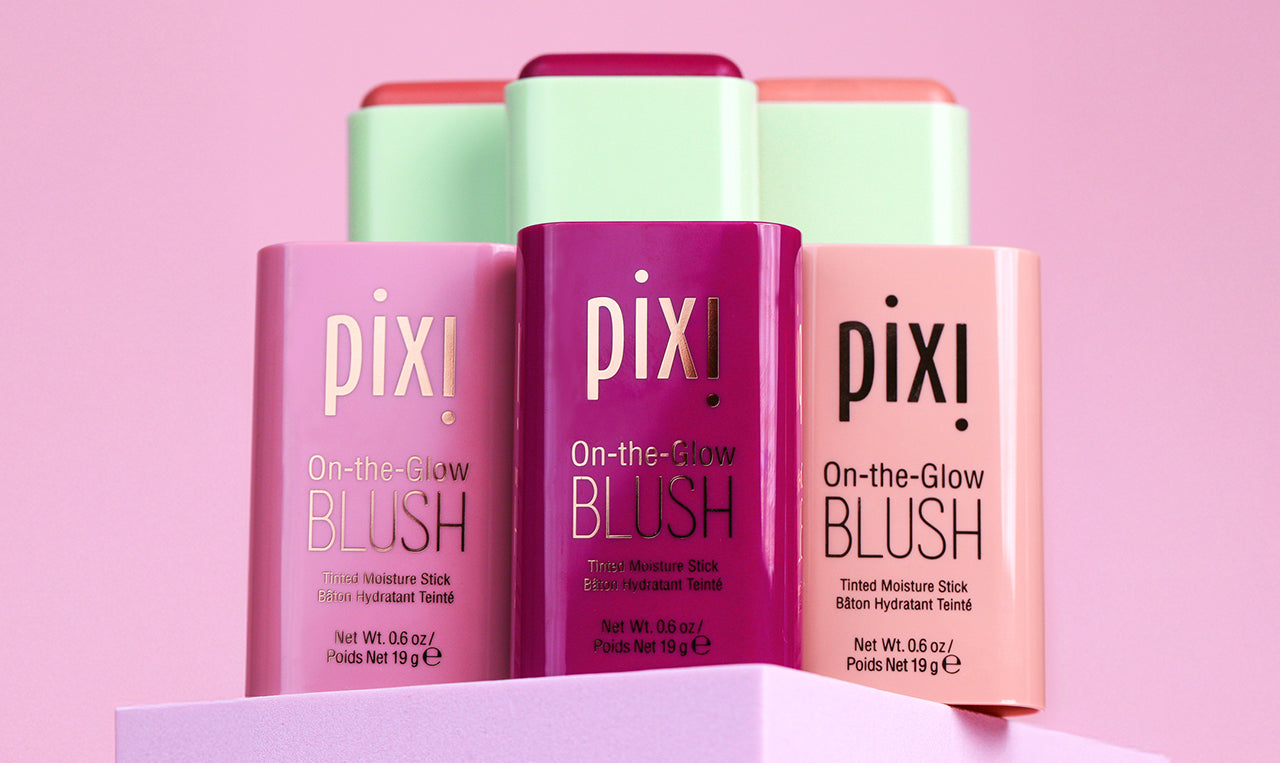 Pixi  On-the-Glow Blush in 3 new shades, on a pink background
