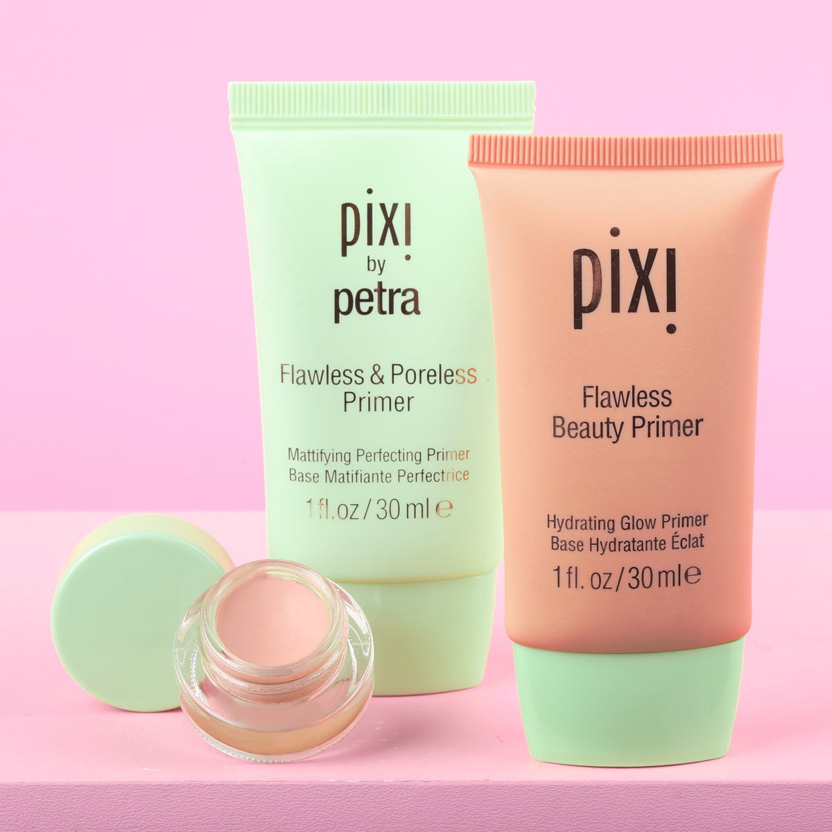 Pro Prep Trio Bundle shown on a pink background featuring Flawless Beauty Primer, Flawless & Poreless Primer and Correction Concentrate -