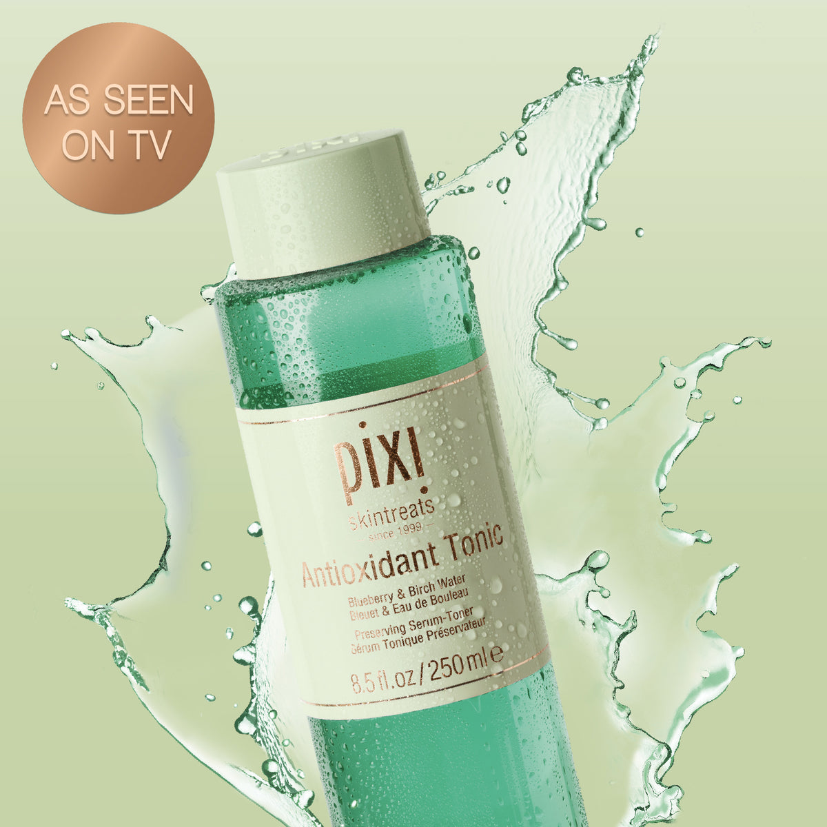As Seen On TV: Antioxidant Tonic shown on a green background with water splashing