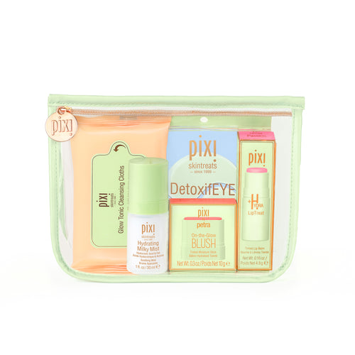  PIXI skincare product set with various items in a clear pouch on a white background