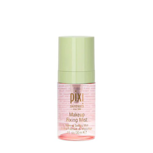 Pixi Skintreats Makeup Fixing Mist in a 30 ml clear bottle with a light green cap, shown on a solid white background. view 2