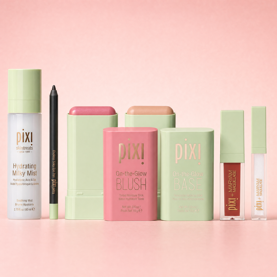 Bundle shown on a pink background featuring Hydrating Milky Mist, Endless Silky Eye Pen, On-the-Glow BLUSH, On-the-Glow BASE, and Pixi + Maryam Lip and Highlight duo view 1