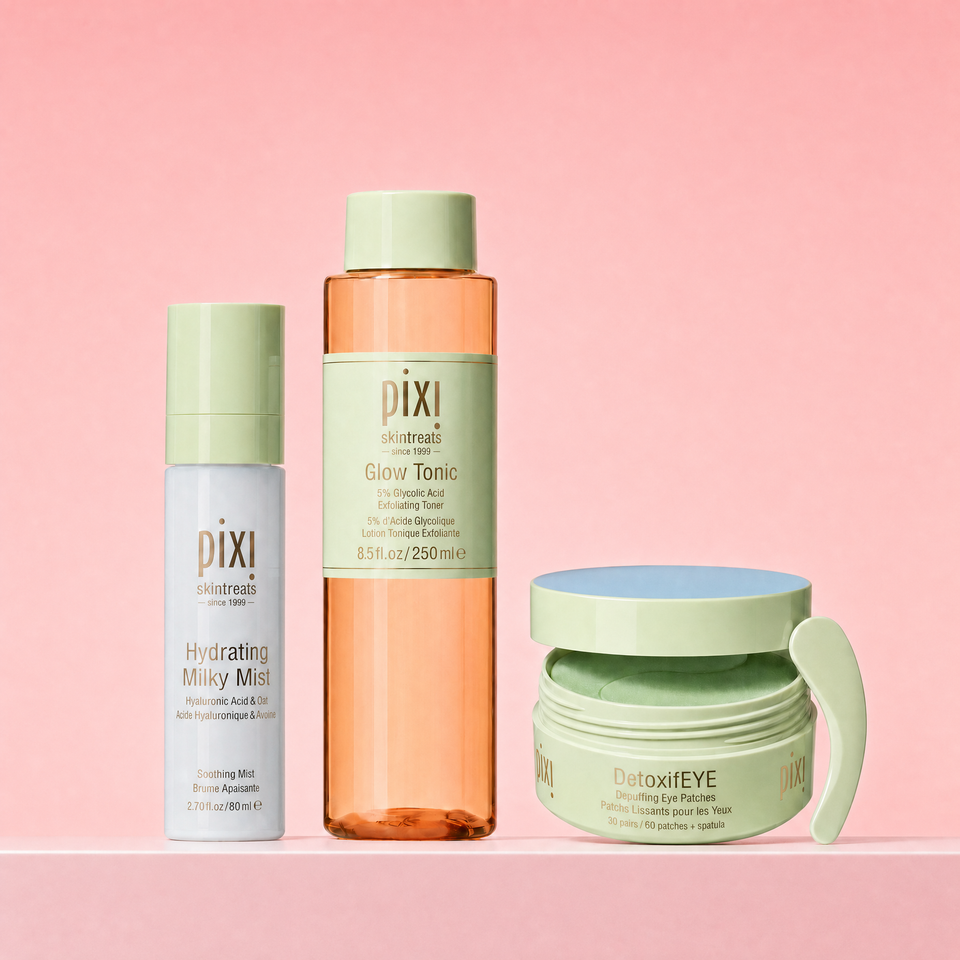 Bundle containing Hydrating Milky Mist, Glow Tonic Original Size and DetoxifEYE shown on a pink background view 1